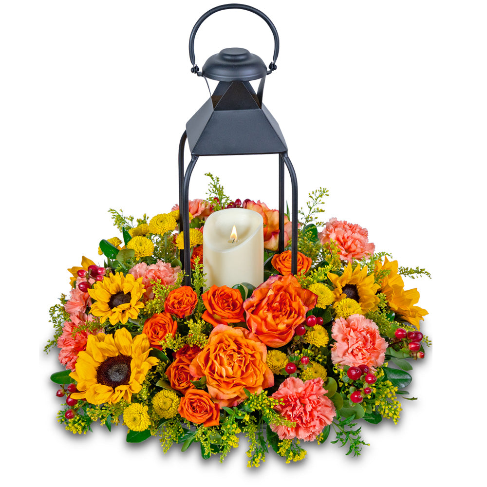 Lush Goldenrod Lantern – PETERSEN & TIETZ FLORISTS & GREENHOUSES, Waterloo IA