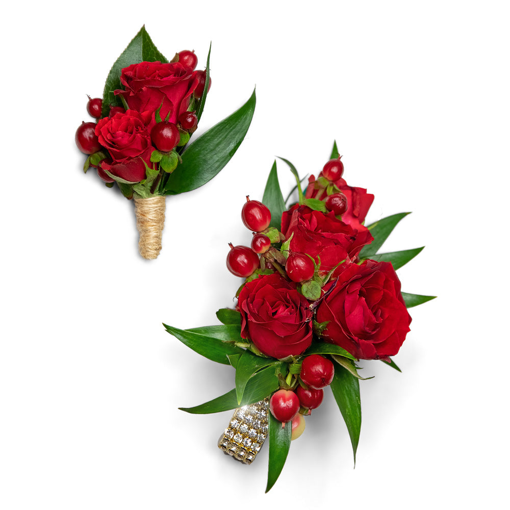 Crimson Corsage and Boutonniere Set – PETERSEN & TIETZ FLORISTS & GREENHOUSES, Waterloo IA