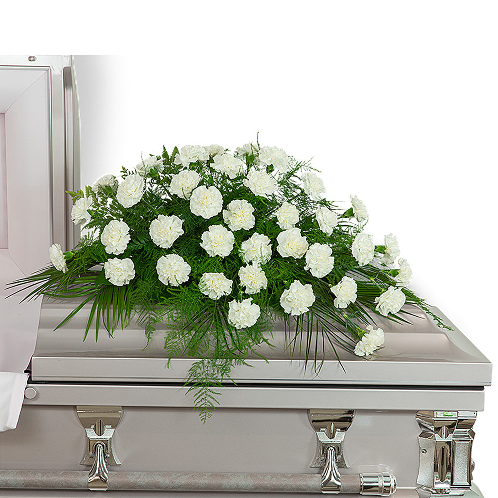 Peaceful in White Casket Spray – PETERSEN & TIETZ FLORISTS & GREENHOUSES, Waterloo IA