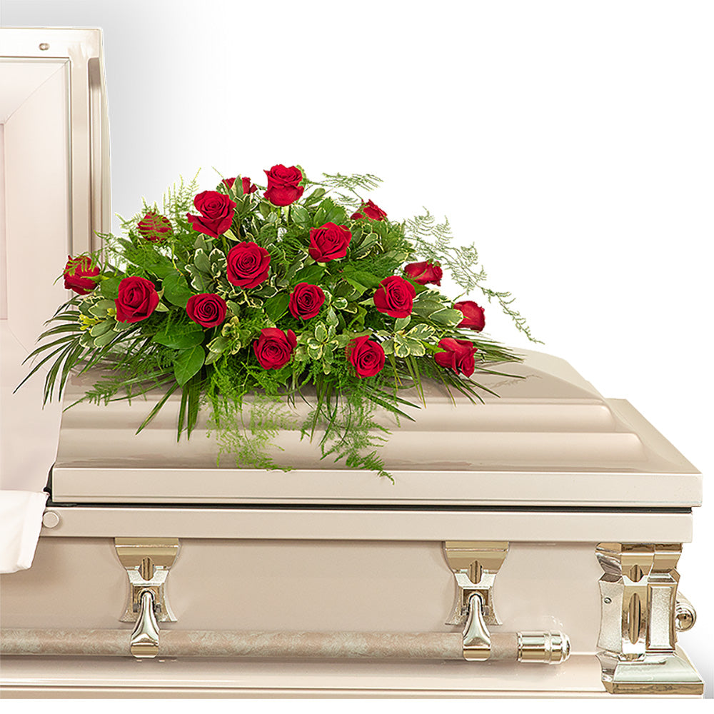 18 Red Roses Casket Spray – PETERSEN & TIETZ FLORISTS & GREENHOUSES, Waterloo IA