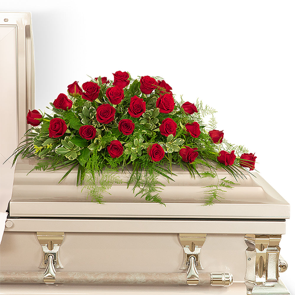 24 Red Roses Casket Spray – PETERSEN & TIETZ FLORISTS & GREENHOUSES, Waterloo IA