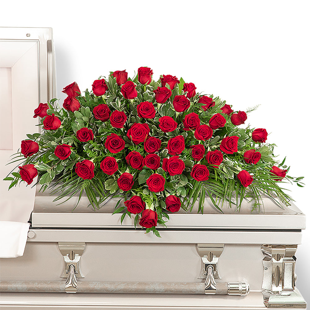 50 Red Roses Casket Spray – PETERSEN & TIETZ FLORISTS & GREENHOUSES, Waterloo IA