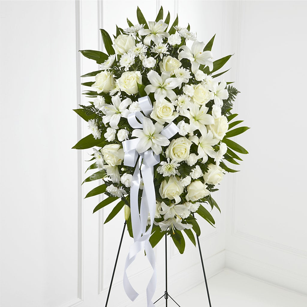Exquisite Tribute Standing Spray-White Ribbon – PETERSEN & TIETZ FLORISTS & GREENHOUSES, Waterloo IA