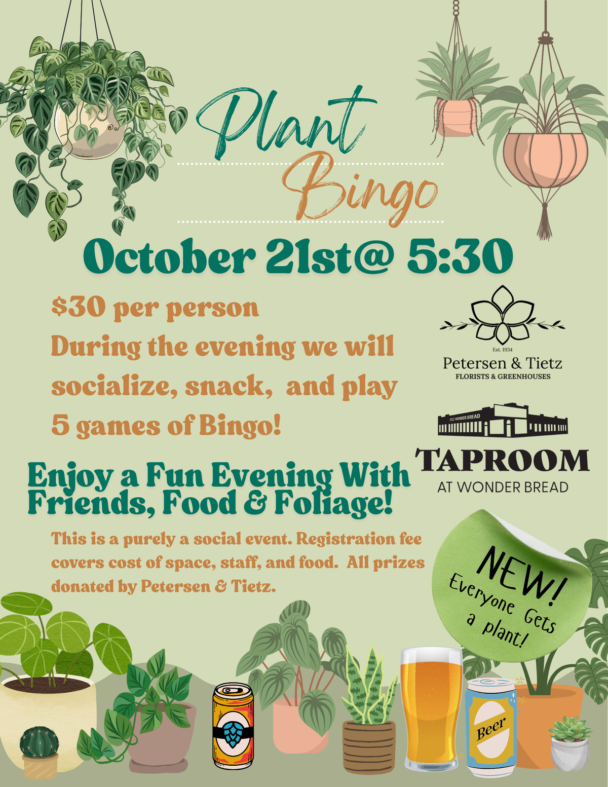 Plant Bingo @ Taproom at Wonderbread 10/21/26 (Registration Required - No Physical ticket will be issued - No pick-up necessary).  – PETERSEN & TIETZ FLORISTS & GREENHOUSES, Waterloo IA