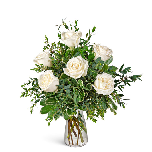 Half Dozen White Roses – PETERSEN & TIETZ FLORISTS & GREENHOUSES, Waterloo IA
