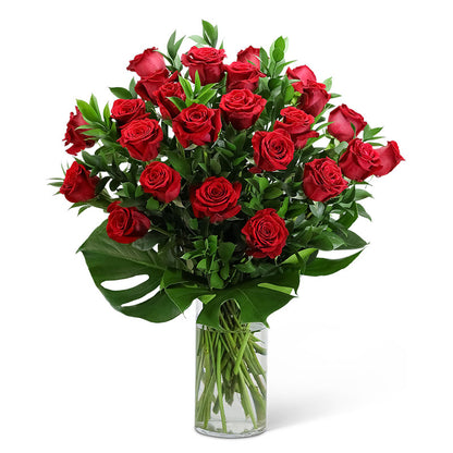 Red Roses with Modern Foliage (24) – PETERSEN & TIETZ FLORISTS & GREENHOUSES, Waterloo IA