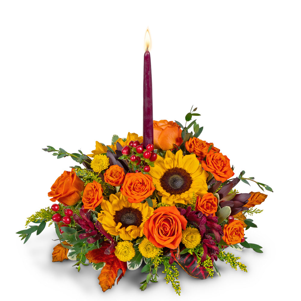 Sunny Goldenrod Centerpiece – PETERSEN & TIETZ FLORISTS & GREENHOUSES, Waterloo IA