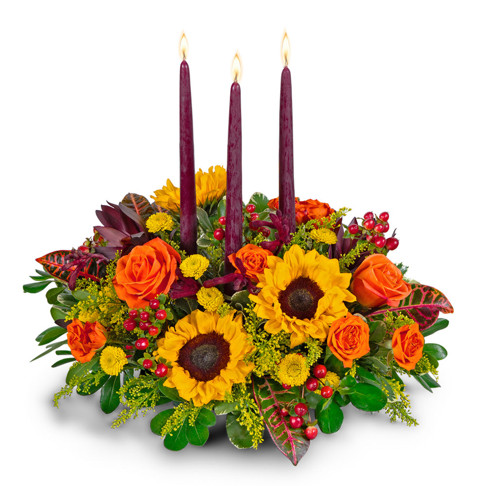Goldenrod Glow Centerpiece – PETERSEN & TIETZ FLORISTS & GREENHOUSES, Waterloo IA