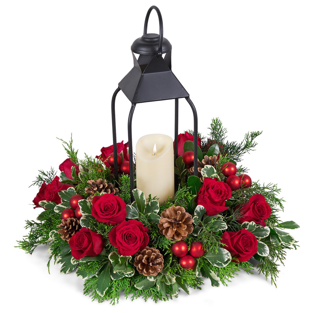 Crimson Evergreen Lantern – PETERSEN & TIETZ FLORISTS & GREENHOUSES, Waterloo IA