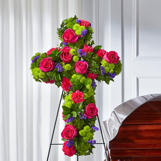 Tribute Rose Floral Cross – PETERSEN & TIETZ FLORISTS & GREENHOUSES, Waterloo IA