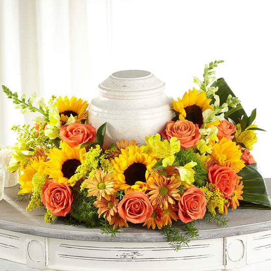 Faithful Sunflower Cremation Adornment – PETERSEN & TIETZ FLORISTS & GREENHOUSES, Waterloo IA