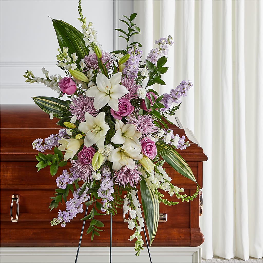Grateful Hearts Standing Spray – PETERSEN & TIETZ FLORISTS & GREENHOUSES, Waterloo IA