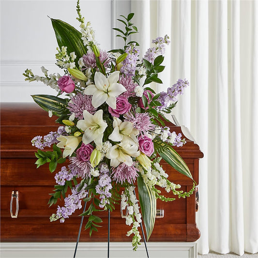 Grateful Hearts Standing Spray – PETERSEN & TIETZ FLORISTS & GREENHOUSES, Waterloo IA