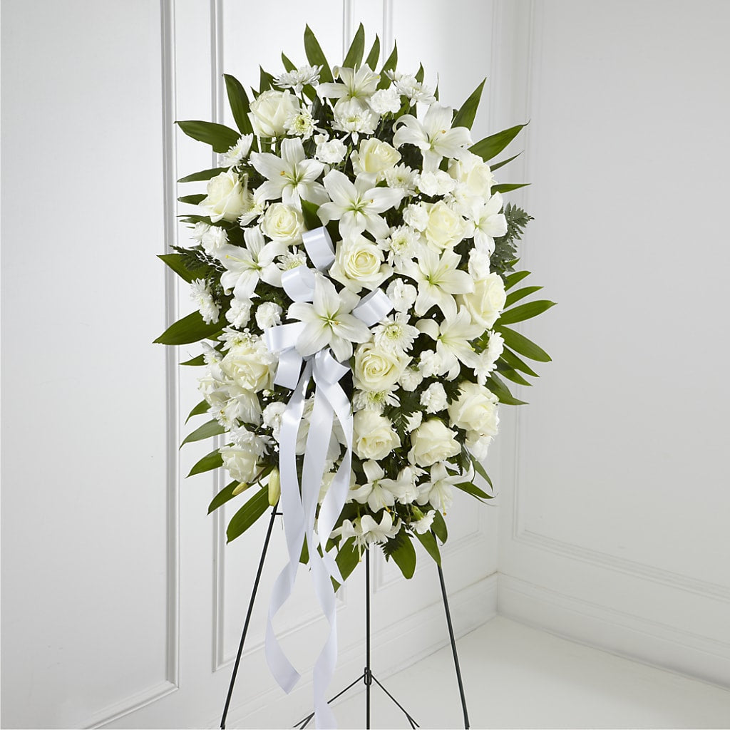 Exquisite Tribute Standing Spray-White Ribbon – PETERSEN & TIETZ FLORISTS & GREENHOUSES, Waterloo IA