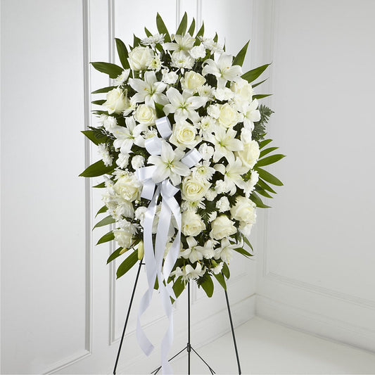 Exquisite Tribute Standing Spray-White Ribbon – PETERSEN & TIETZ FLORISTS & GREENHOUSES, Waterloo IA