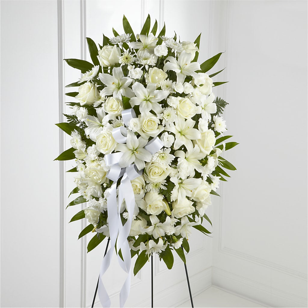 Exquisite Tribute Standing Spray-White Ribbon – PETERSEN & TIETZ FLORISTS & GREENHOUSES, Waterloo IA