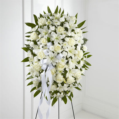 Exquisite Tribute Standing Spray-White Ribbon – PETERSEN & TIETZ FLORISTS & GREENHOUSES, Waterloo IA