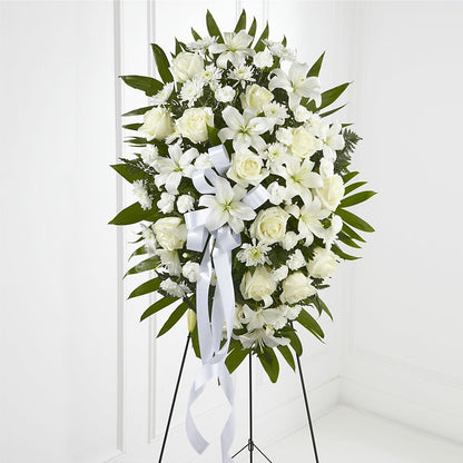 Exquisite Tribute Standing Spray-White Ribbon – PETERSEN & TIETZ FLORISTS & GREENHOUSES, Waterloo IA