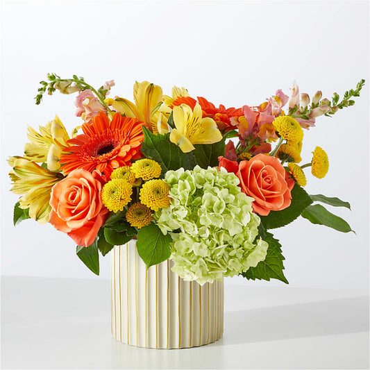 Autumn Sunshine Bouquet with Ivory Vase – PETERSEN & TIETZ FLORISTS & GREENHOUSES, Waterloo IA