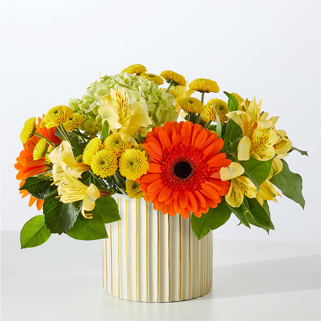 Autumn Sunshine Bouquet with Ivory Vase – PETERSEN & TIETZ FLORISTS & GREENHOUSES, Waterloo IA